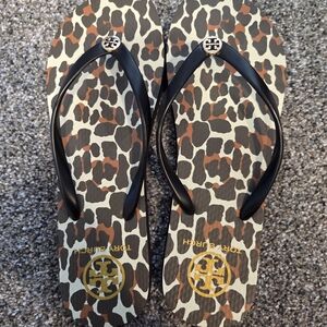 Tory Burch Leopard Print Flip Flops - Black and Brown